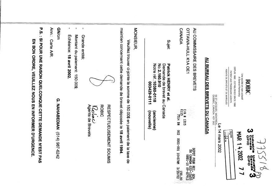 Document de brevet canadien 2160910. Taxes 20020314. Image 1 de 1