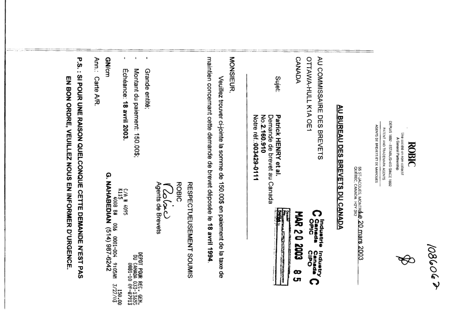 Document de brevet canadien 2160910. Taxes 20030320. Image 1 de 1
