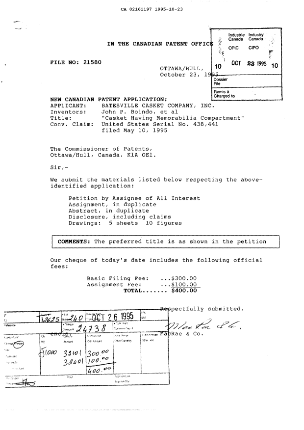 Canadian Patent Document 2161197. Assignment 19951023. Image 1 of 3
