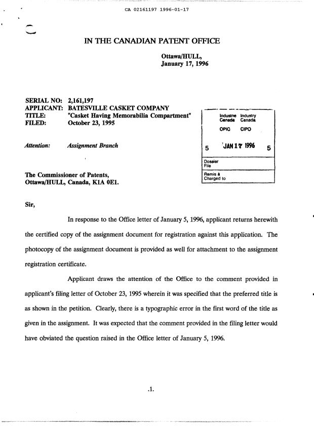Document de brevet canadien 2161197. Cession 19960117. Image 1 de 6