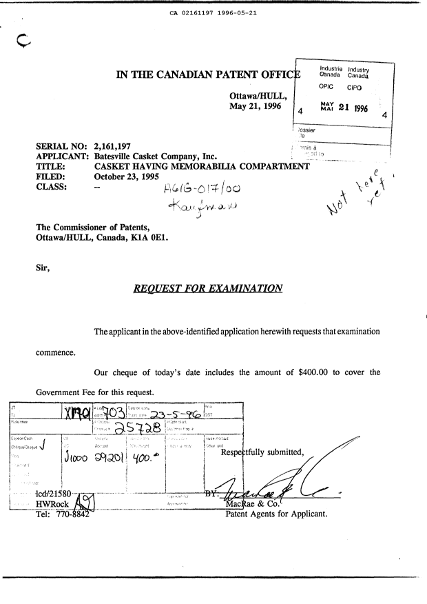 Canadian Patent Document 2161197. Prosecution-Amendment 19960521. Image 1 of 1