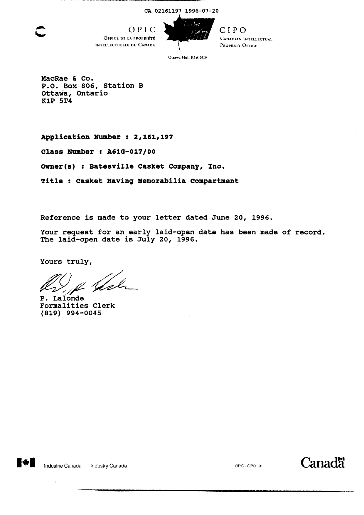 Document de brevet canadien 2161197. Correspondance 19960720. Image 1 de 1