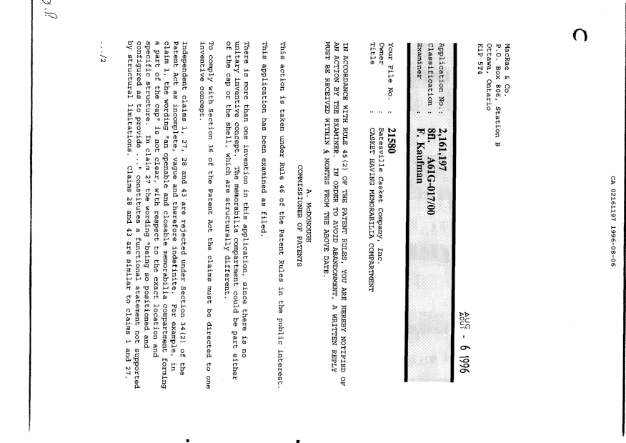 Document de brevet canadien 2161197. Poursuite-Amendment 19960806. Image 1 de 2