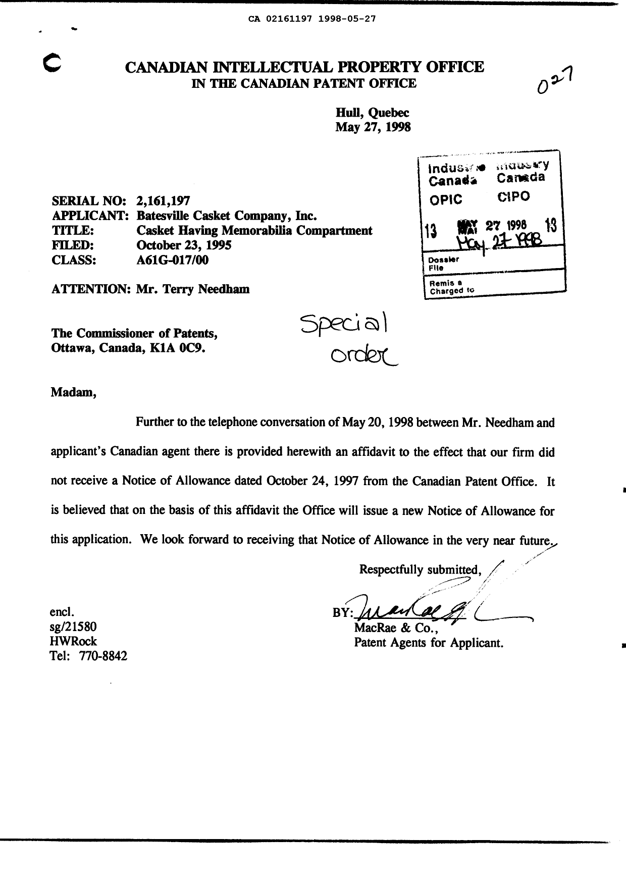 Canadian Patent Document 2161197. Prosecution-Amendment 19980527. Image 1 of 3