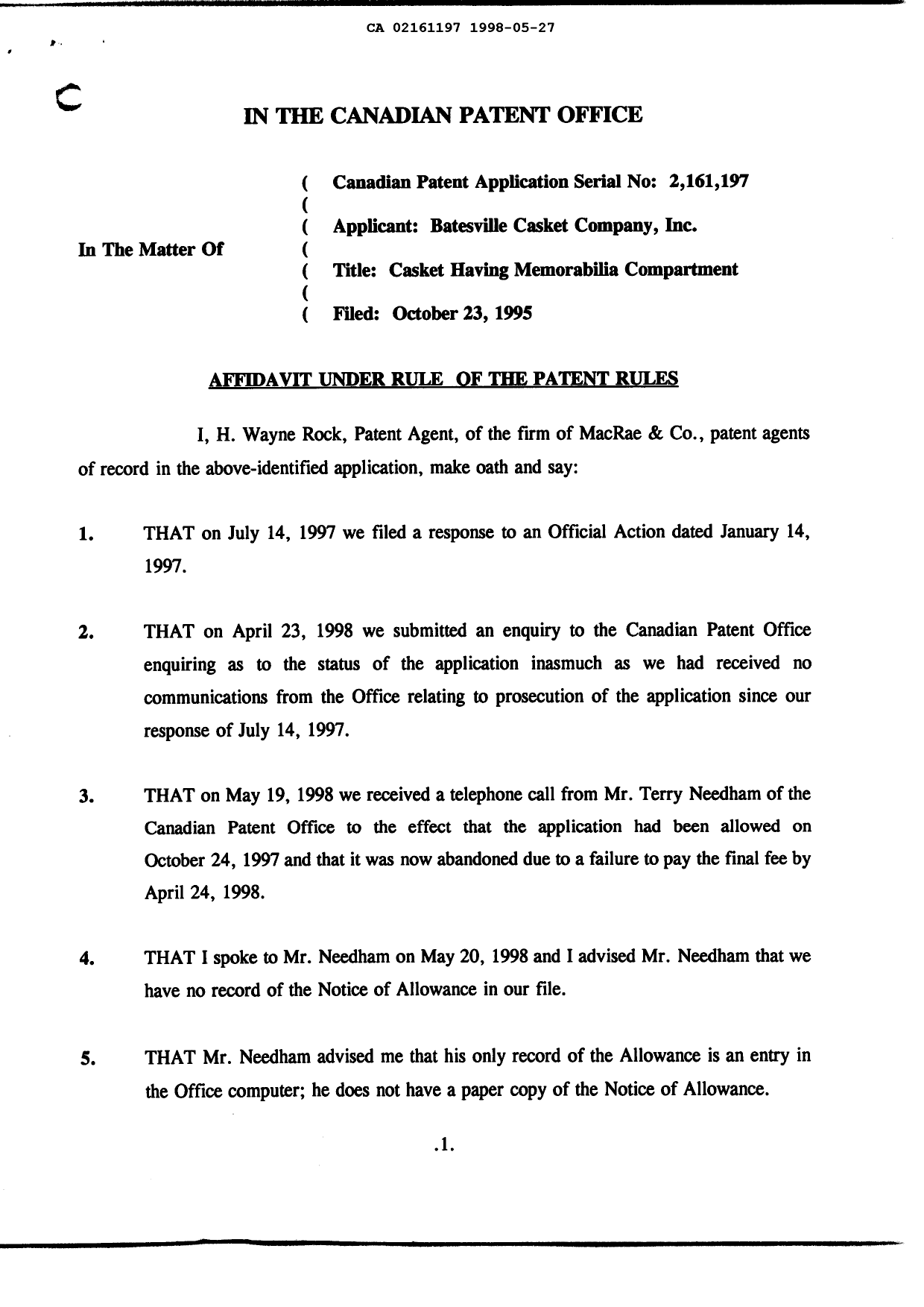 Canadian Patent Document 2161197. Prosecution-Amendment 19980527. Image 2 of 3