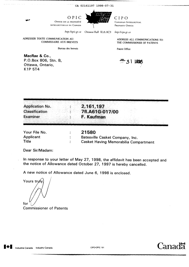 Canadian Patent Document 2161197. Correspondence 19980731. Image 1 of 1