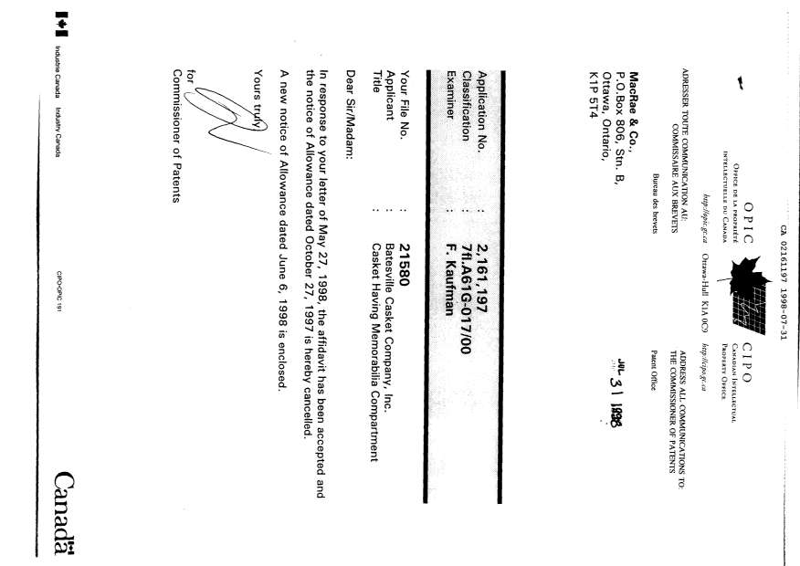 Document de brevet canadien 2161197. Correspondance 19980731. Image 1 de 1
