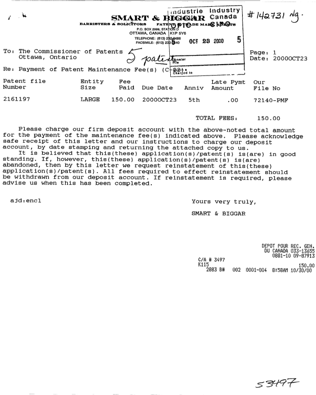 Document de brevet canadien 2161197. Taxes 20001023. Image 1 de 1