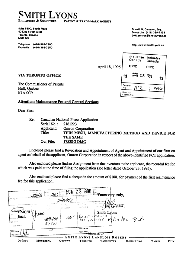 Document de brevet canadien 2161223. Correspondance 19960418. Image 1 de 4