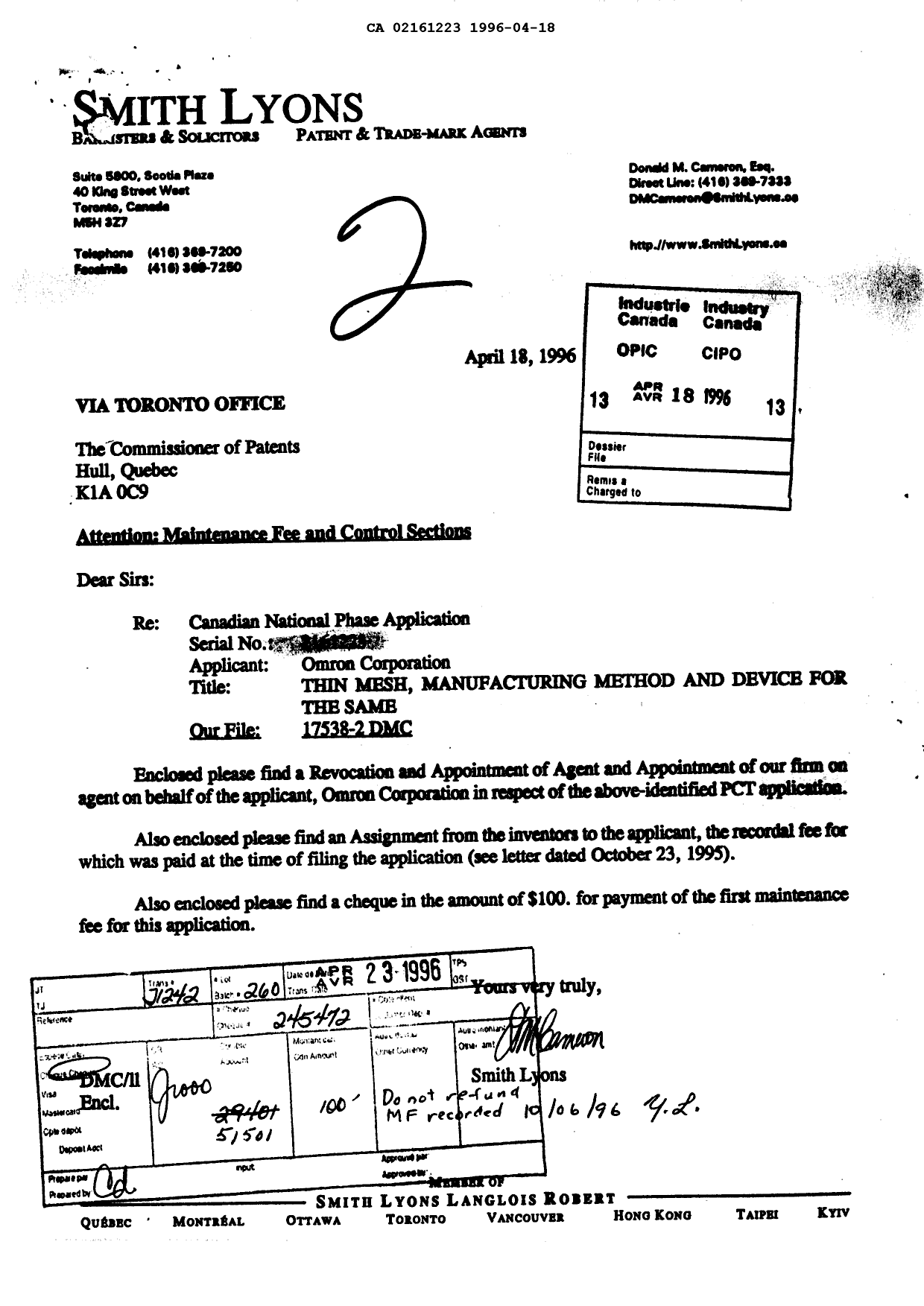 Document de brevet canadien 2161223. Taxes 19960418. Image 1 de 1