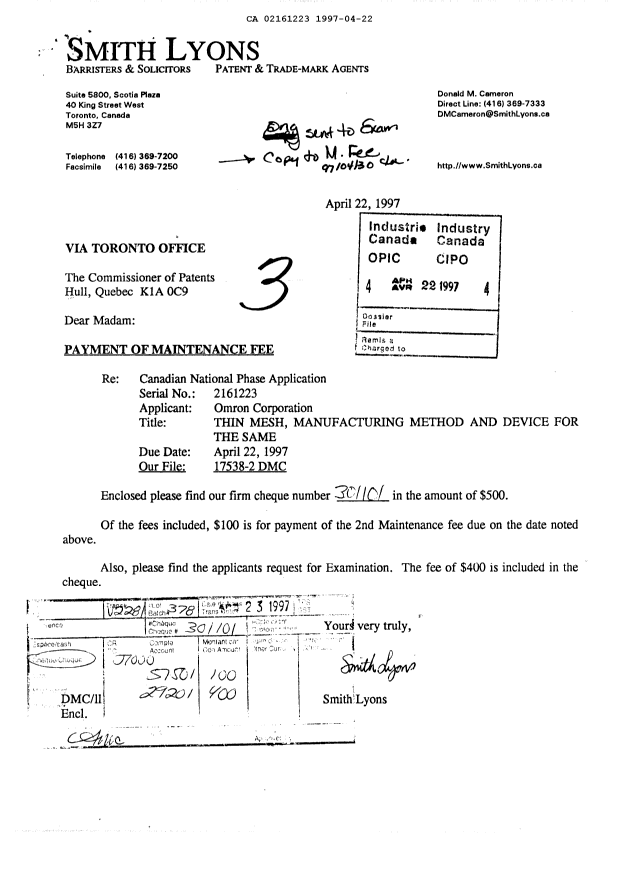 Canadian Patent Document 2161223. Fees 19970422. Image 1 of 1