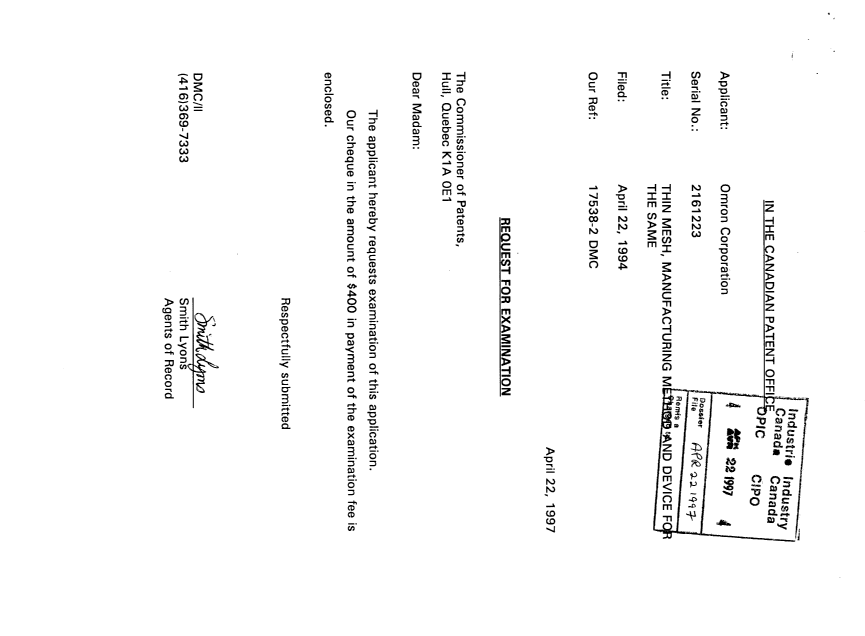 Document de brevet canadien 2161223. Poursuite-Amendment 19970422. Image 1 de 2