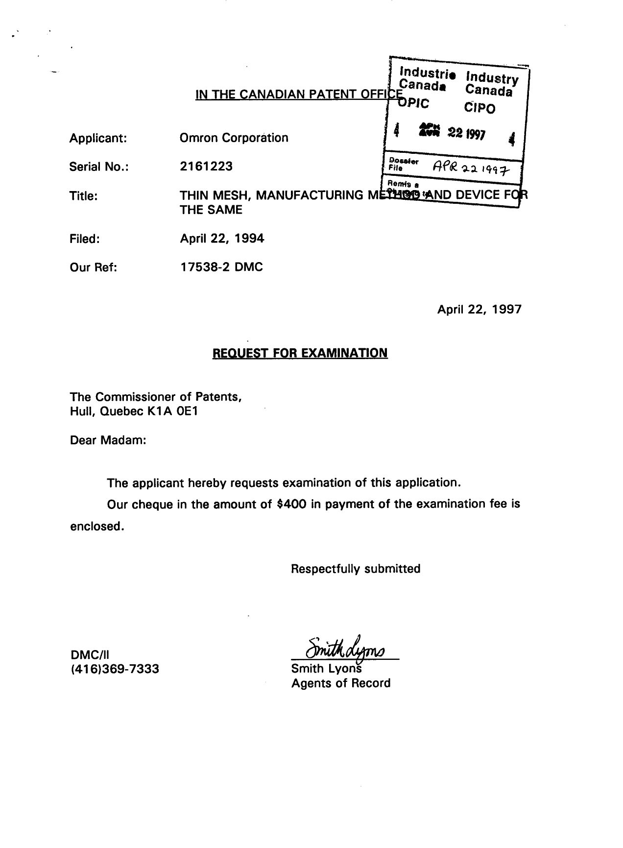Document de brevet canadien 2161223. Poursuite-Amendment 19970422. Image 1 de 2