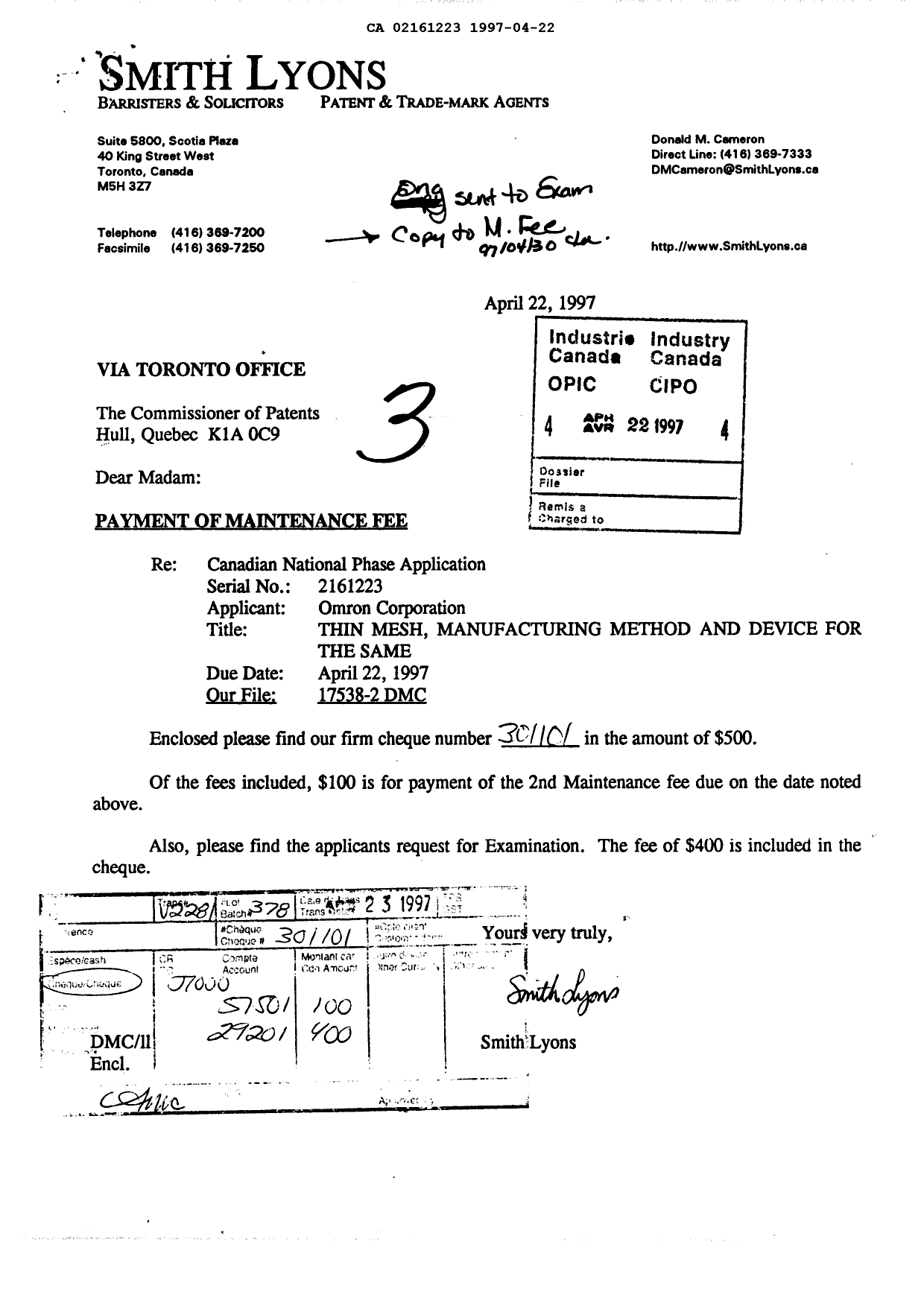 Document de brevet canadien 2161223. Taxes 19970422. Image 1 de 1