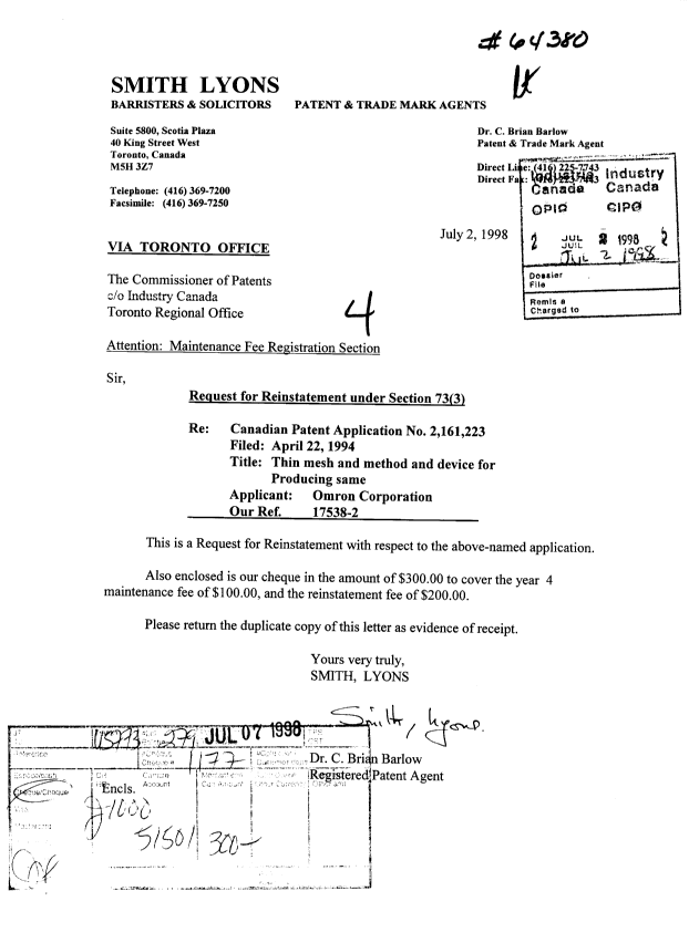Document de brevet canadien 2161223. Taxes 19980702. Image 1 de 1