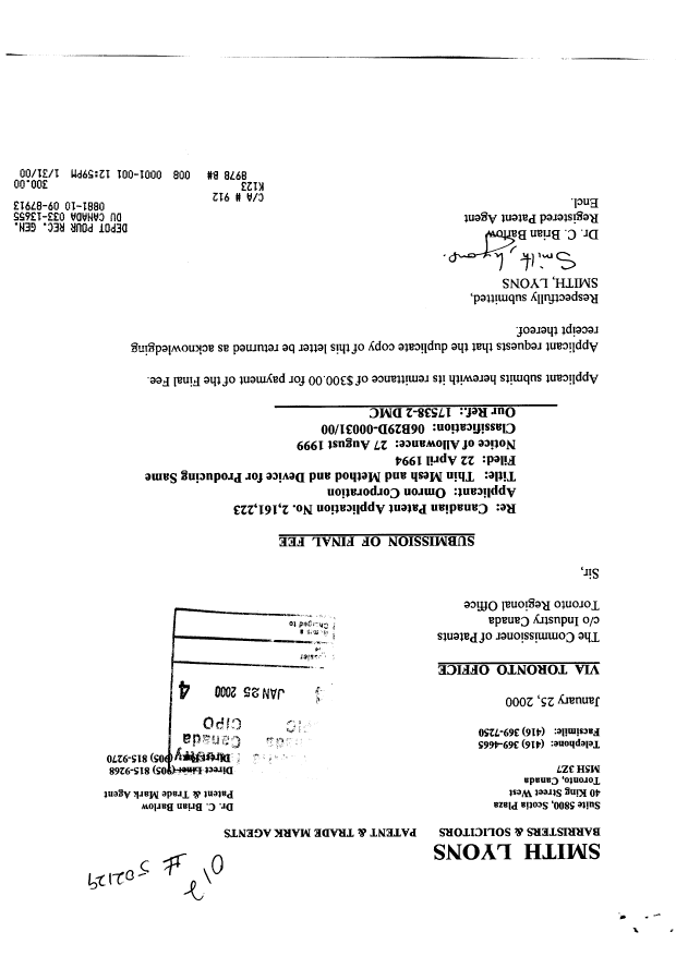 Canadian Patent Document 2161223. Correspondence 20000125. Image 1 of 1