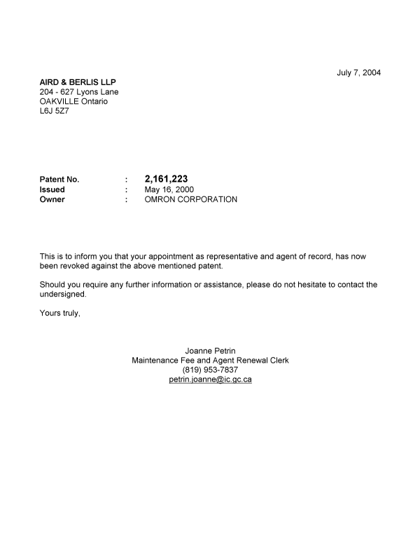 Document de brevet canadien 2161223. Correspondance 20040707. Image 1 de 1