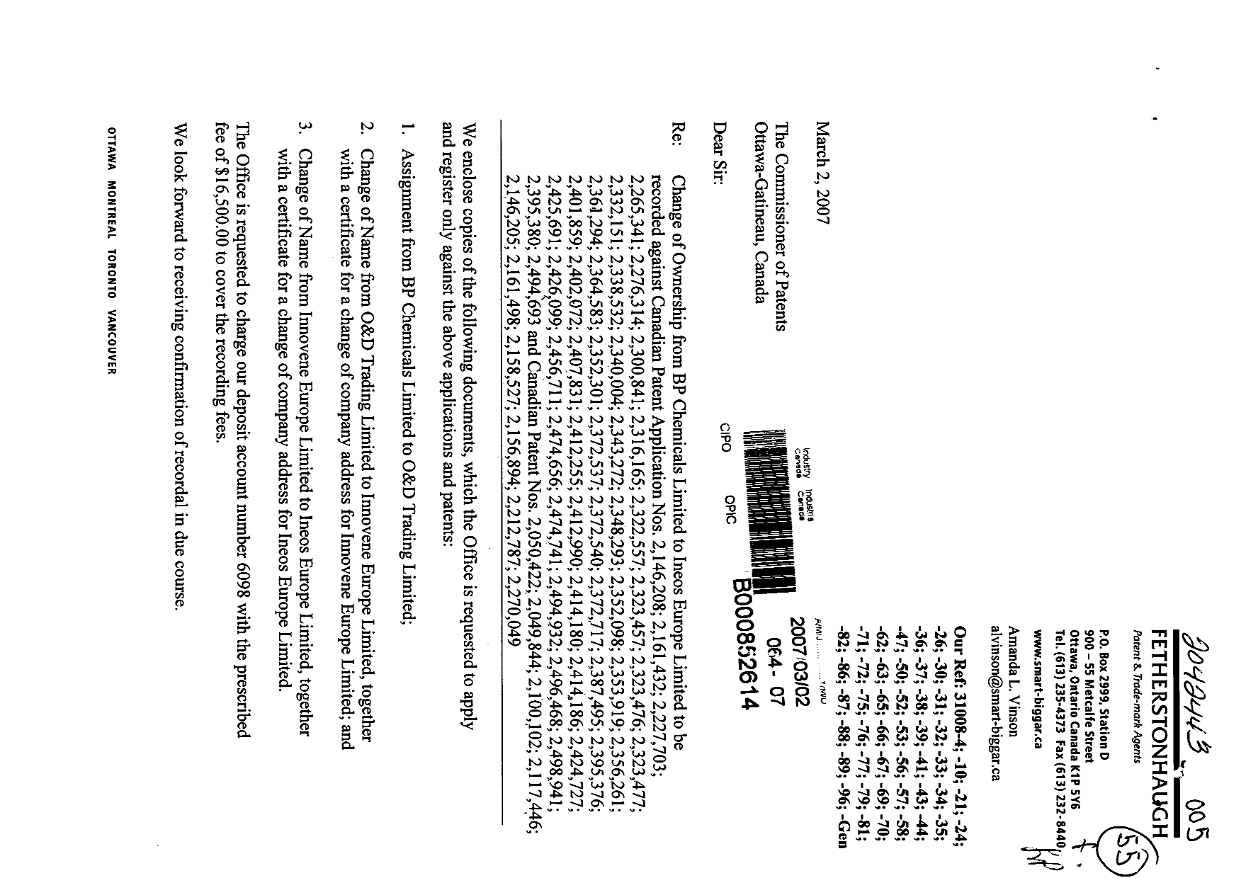 Document de brevet canadien 2161432. Cession 20061202. Image 1 de 17