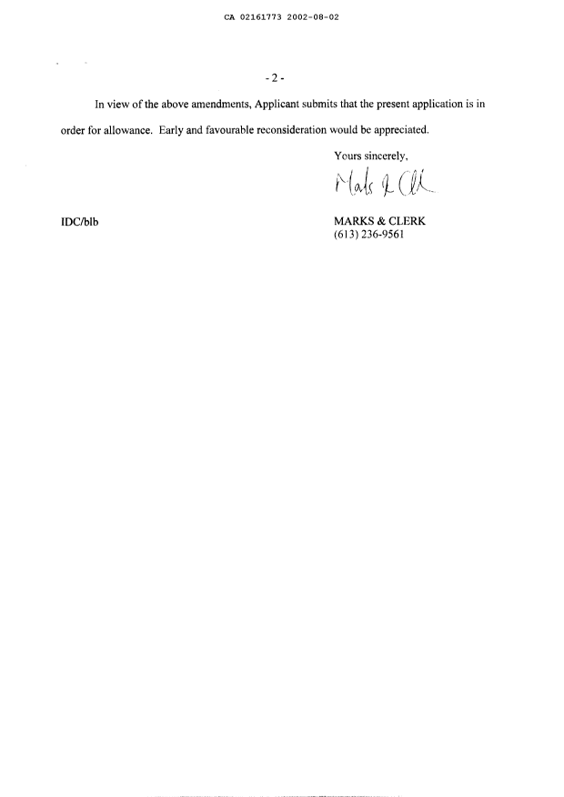 Document de brevet canadien 2161773. Poursuite-Amendment 20020802. Image 2 de 7