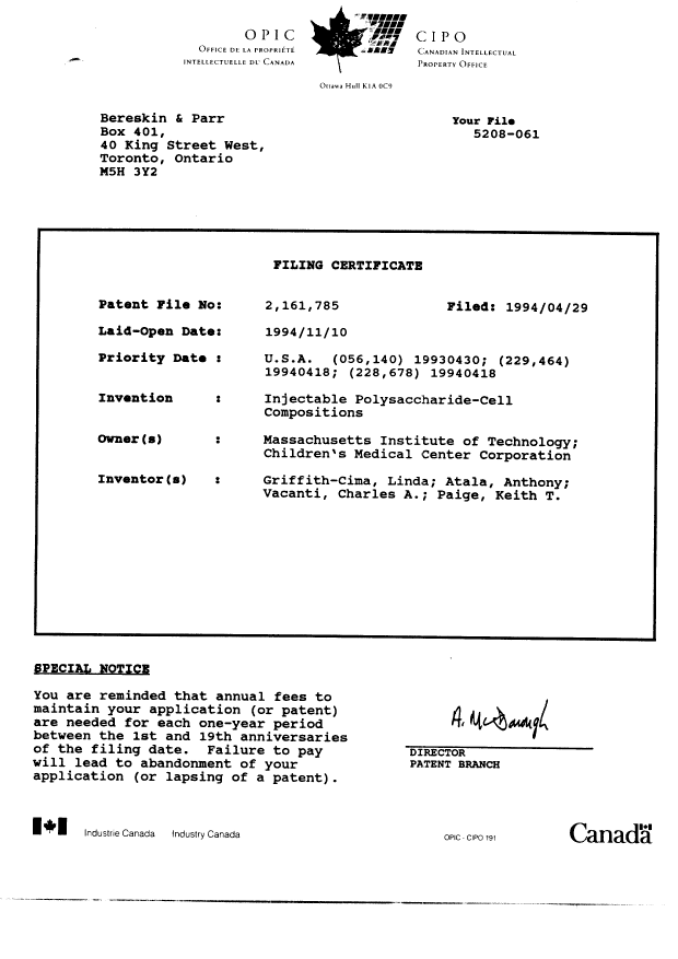 Canadian Patent Document 2161785. Assignment 19951030. Image 17 of 18
