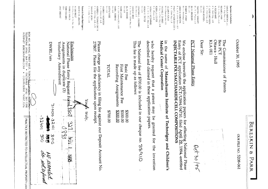 Document de brevet canadien 2161785. Cession 19951030. Image 1 de 18
