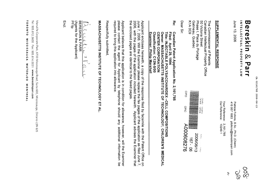 Document de brevet canadien 2161785. Poursuite-Amendment 20060613. Image 1 de 10