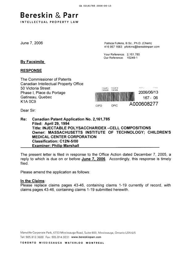 Document de brevet canadien 2161785. Poursuite-Amendment 20060613. Image 2 de 10