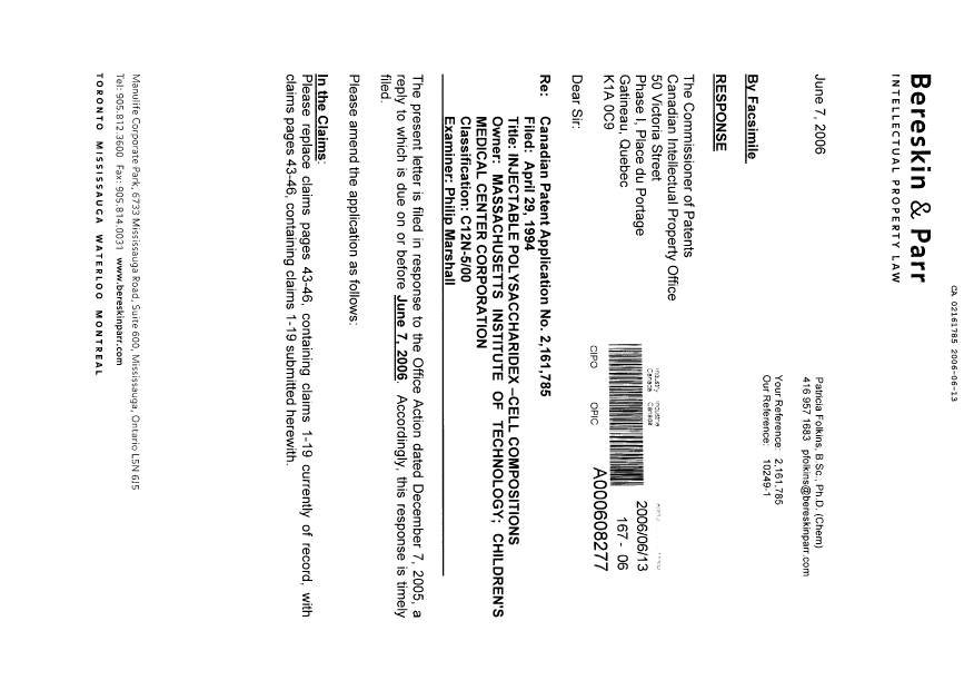 Canadian Patent Document 2161785. Prosecution-Amendment 20060613. Image 2 of 10