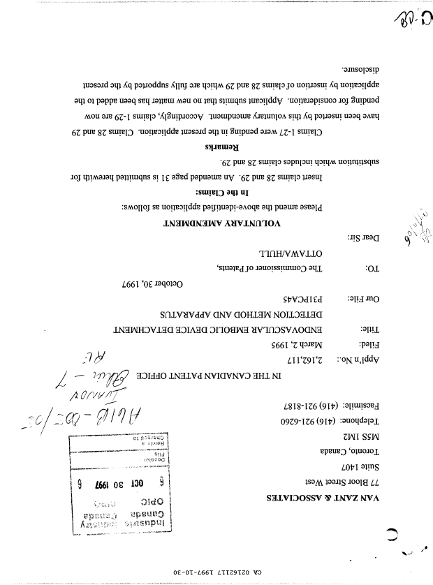 Canadian Patent Document 2162117. Prosecution-Amendment 19971030. Image 1 of 2