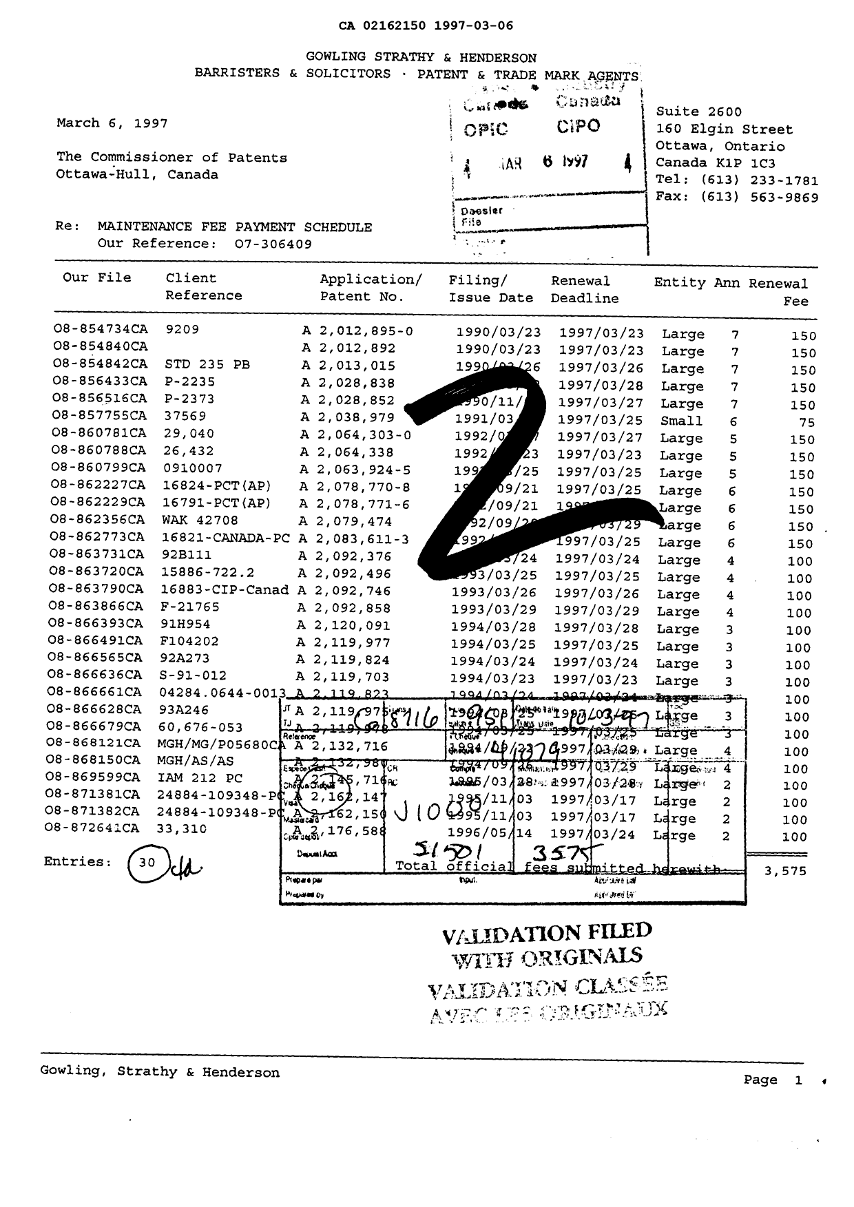 Document de brevet canadien 2162150. Taxes 19970306. Image 1 de 1
