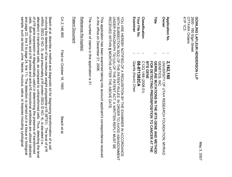 Canadian Patent Document 2162150. Prosecution-Amendment 20070503. Image 1 of 2