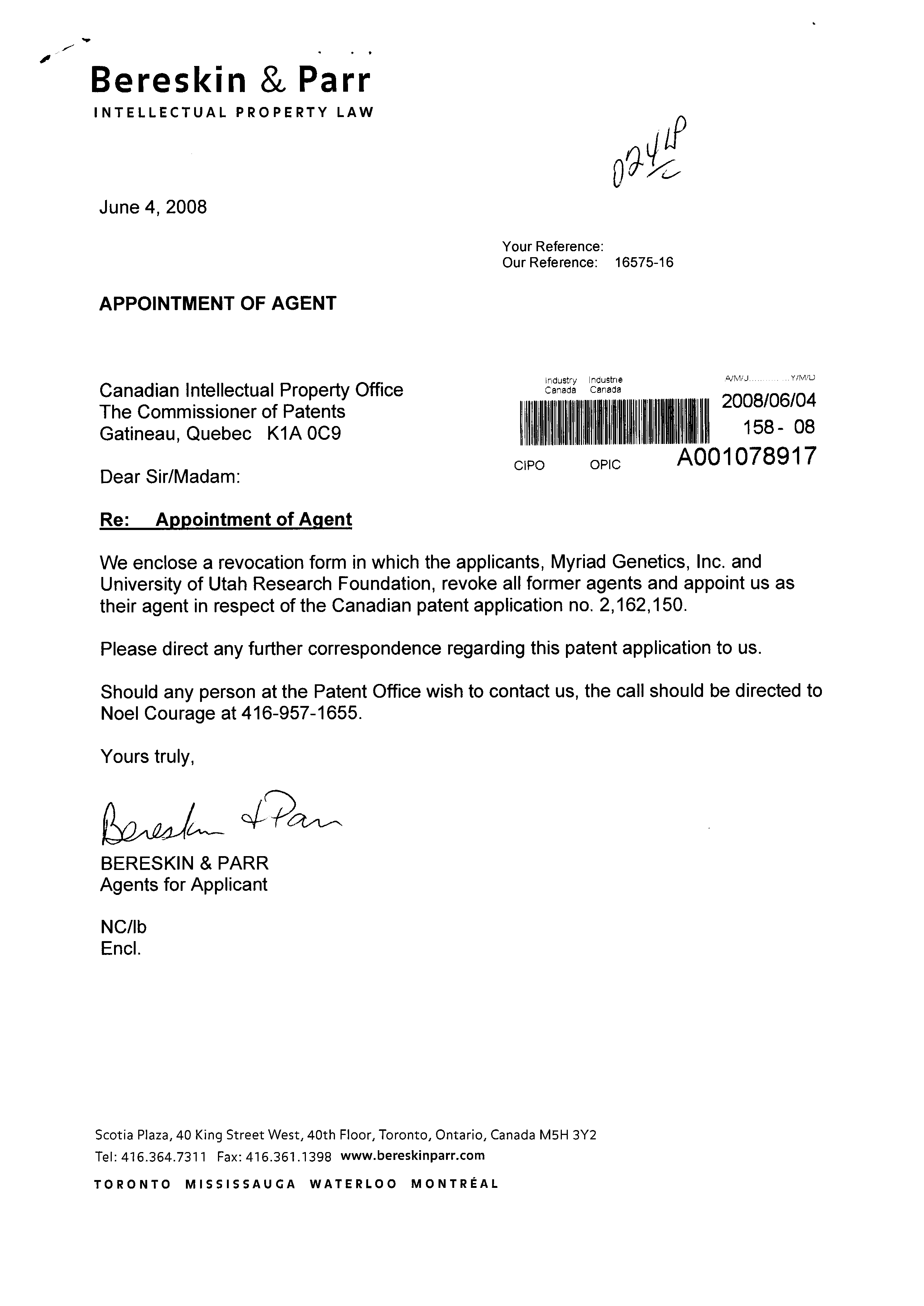 Document de brevet canadien 2162150. Correspondance 20071204. Image 1 de 2