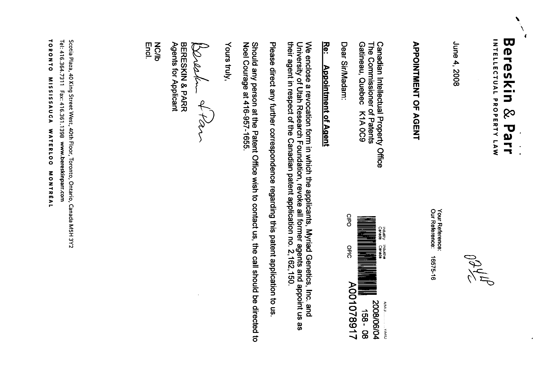 Canadian Patent Document 2162150. Correspondence 20071204. Image 1 of 2
