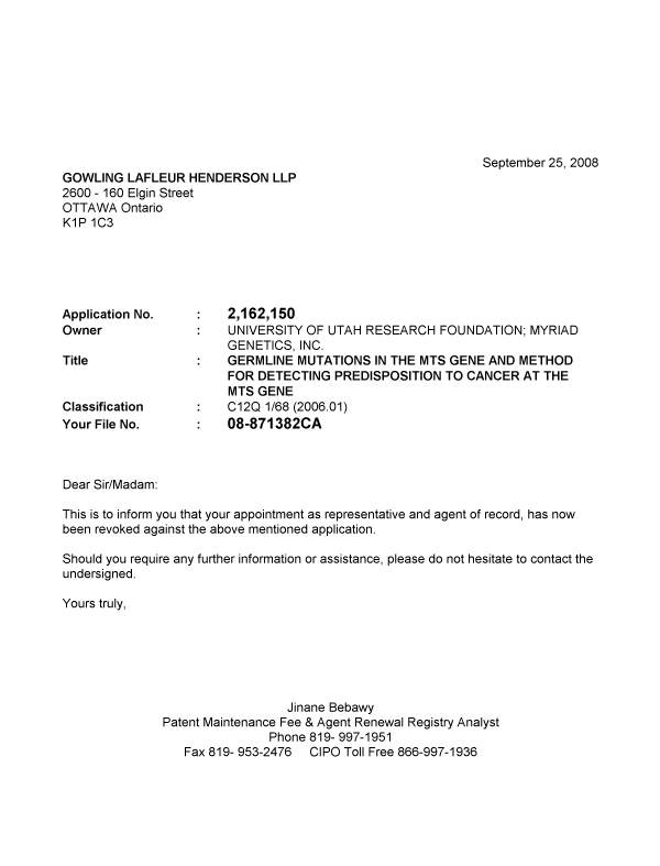 Document de brevet canadien 2162150. Correspondance 20080925. Image 1 de 1