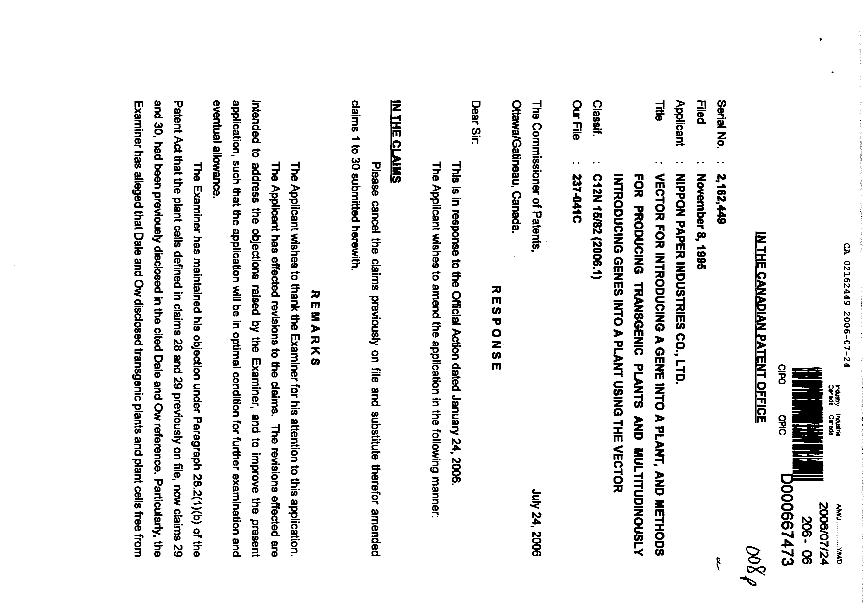 Canadian Patent Document 2162449. Prosecution-Amendment 20060724. Image 1 of 12