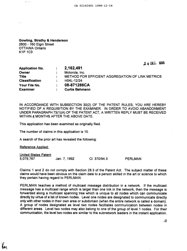 Document de brevet canadien 2162491. Poursuite-Amendment 19981224. Image 1 de 2
