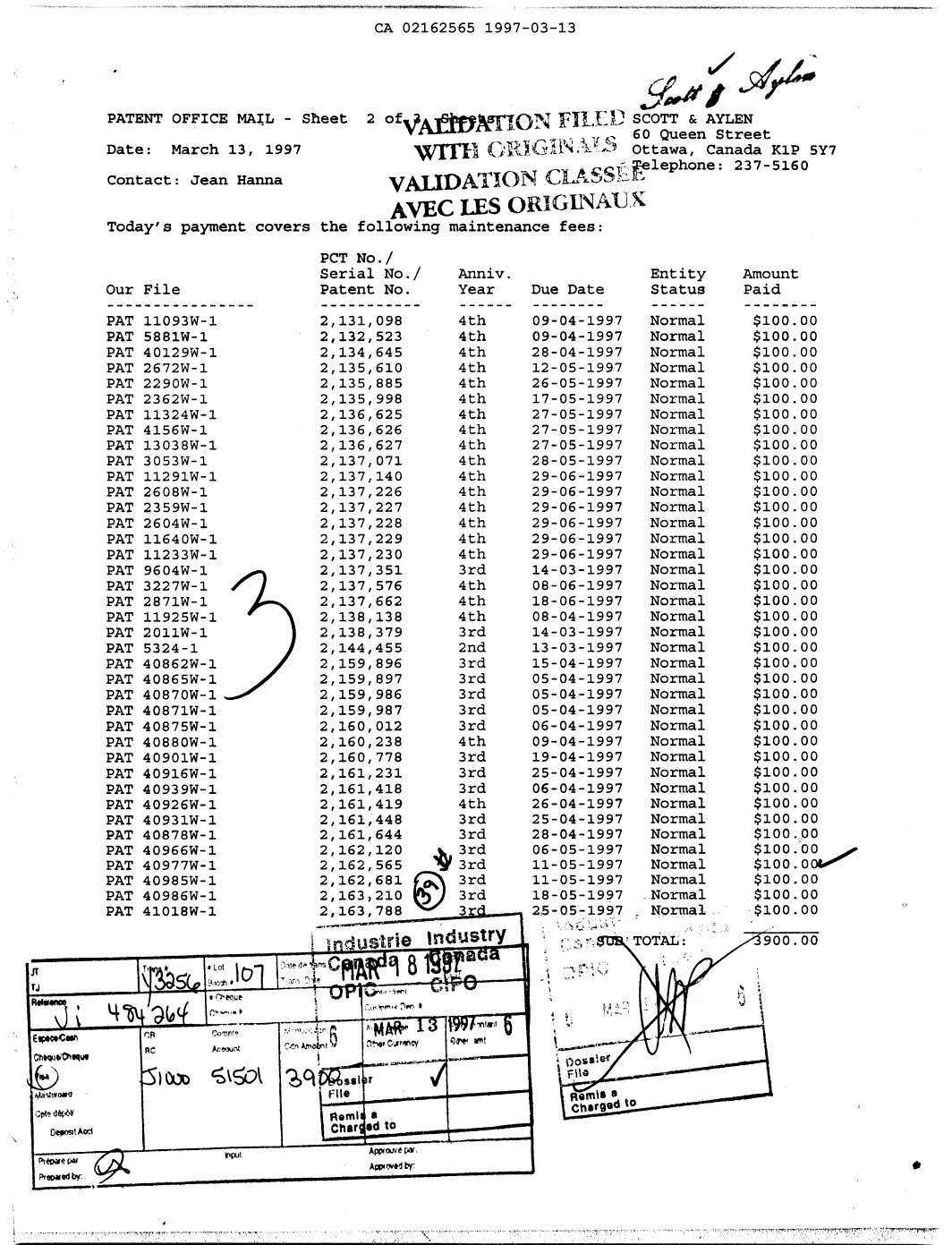 Document de brevet canadien 2162565. Taxes 19970313. Image 1 de 1
