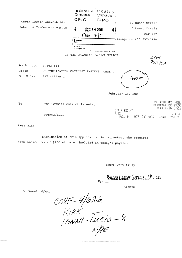 Canadian Patent Document 2162565. Prosecution-Amendment 20010214. Image 1 of 1