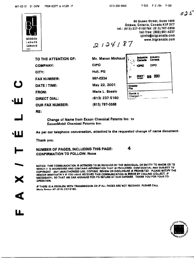 Canadian Patent Document 2162565. Assignment 20010522. Image 1 of 4