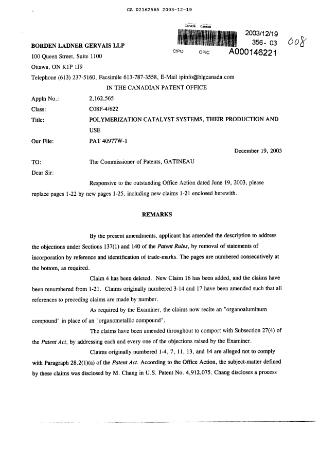 Canadian Patent Document 2162565. Prosecution-Amendment 20031219. Image 1 of 29