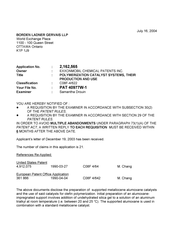 Canadian Patent Document 2162565. Prosecution-Amendment 20040716. Image 1 of 3