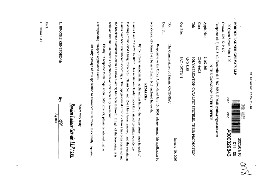 Canadian Patent Document 2162565. Prosecution-Amendment 20050110. Image 1 of 4