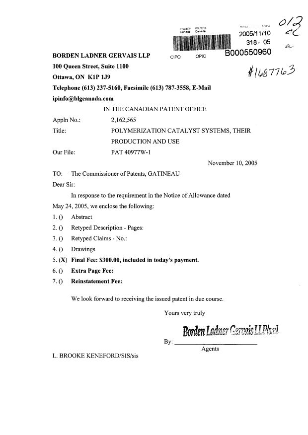 Canadian Patent Document 2162565. Correspondence 20051110. Image 1 of 1