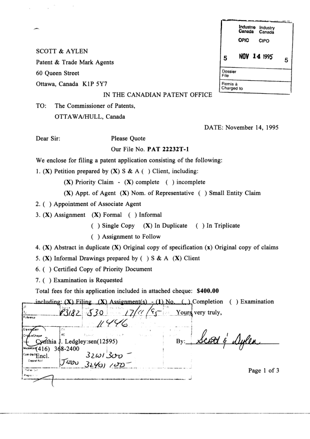 Document de brevet canadien 2162745. Cession 19951114. Image 1 de 80