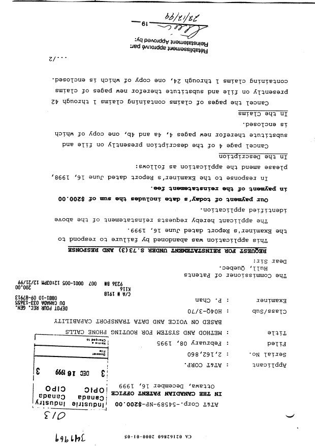 Canadian Patent Document 2162860. Correspondence 19991216. Image 1 of 12