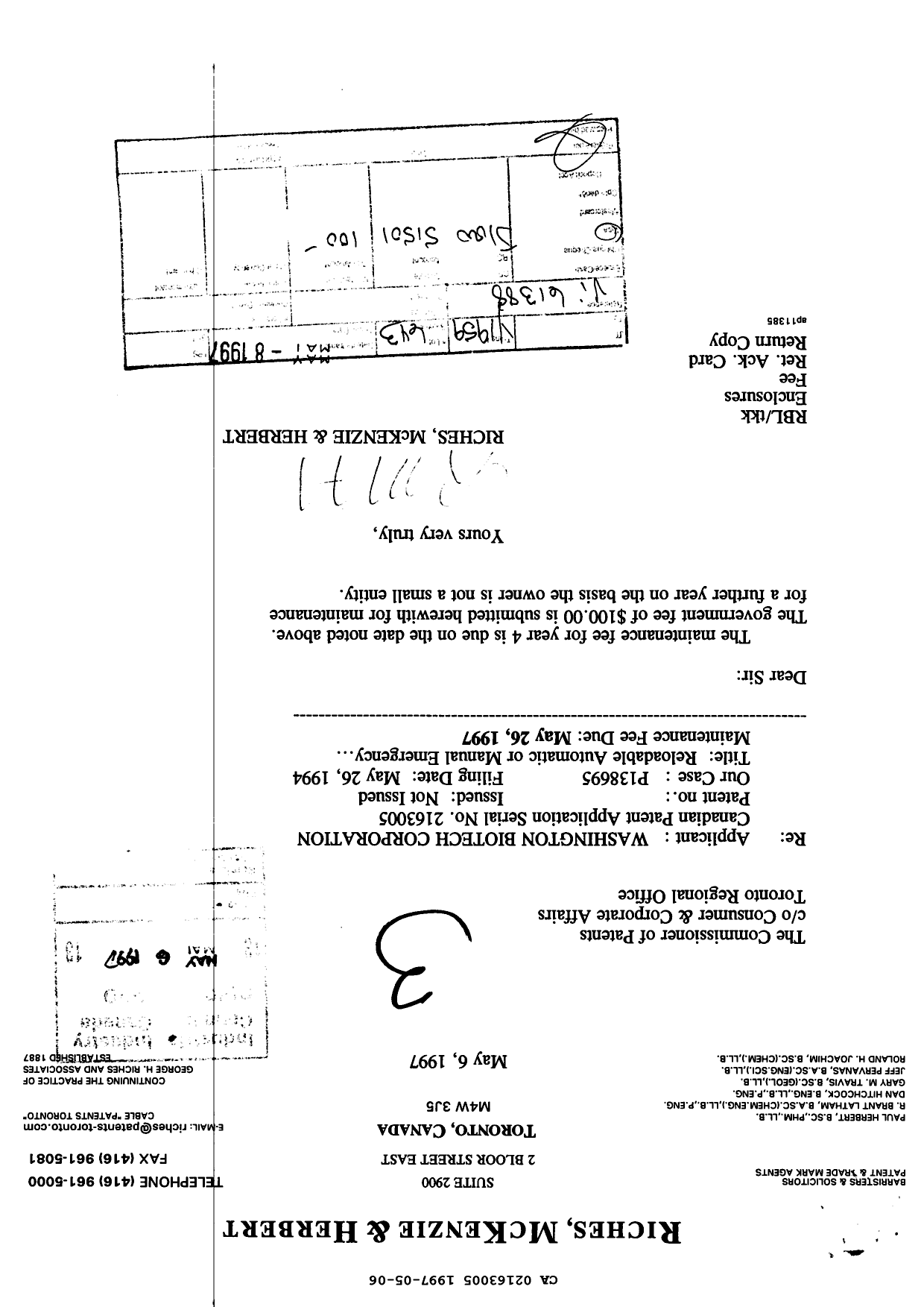 Canadian Patent Document 2163005. Fees 19961206. Image 1 of 1