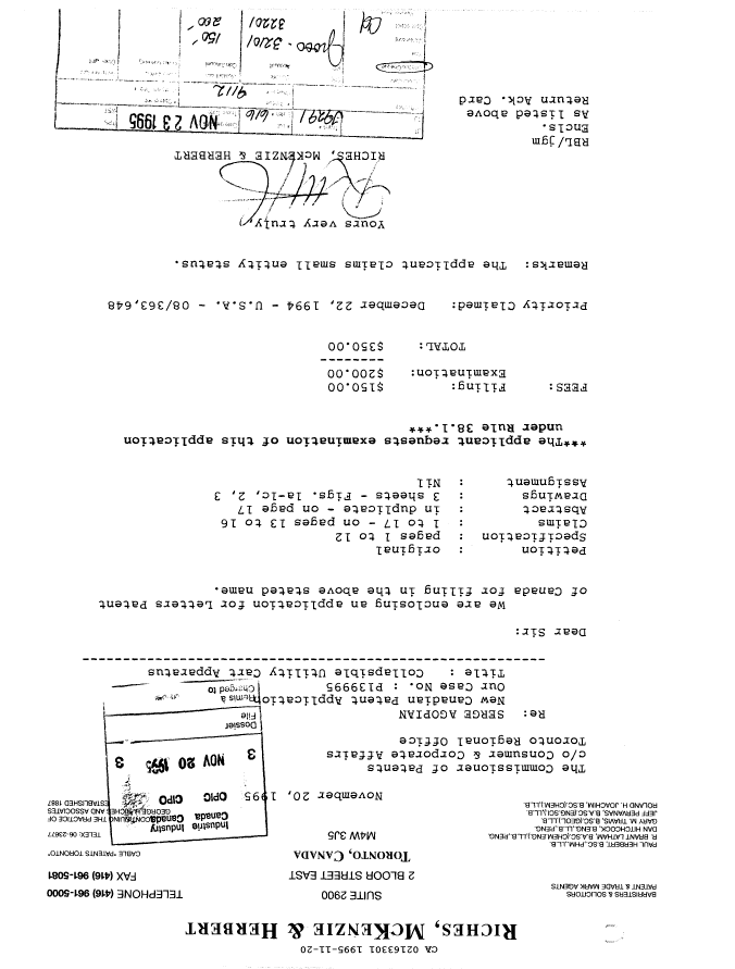 Canadian Patent Document 2163301. Assignment 19951120. Image 1 of 2