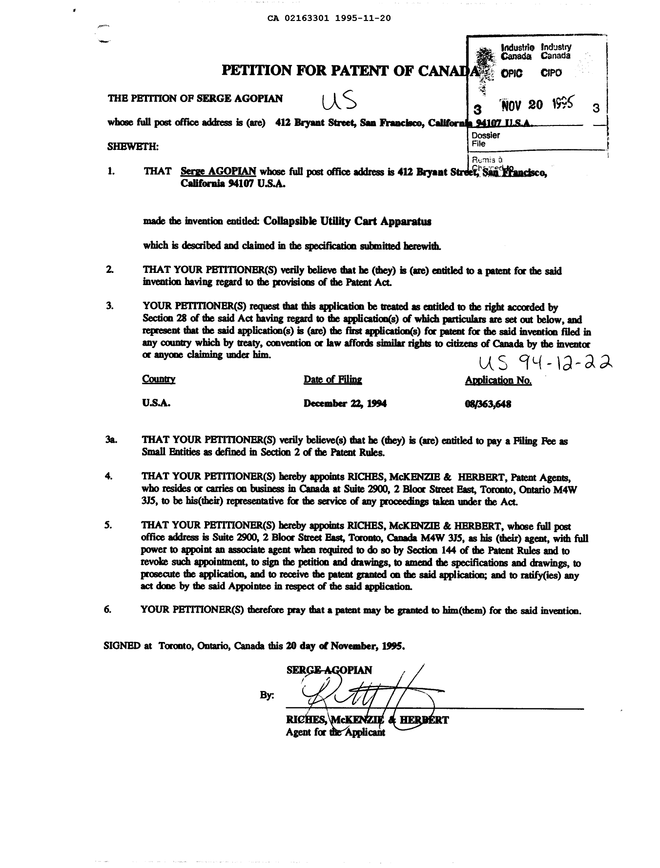 Canadian Patent Document 2163301. Assignment 19951120. Image 2 of 2