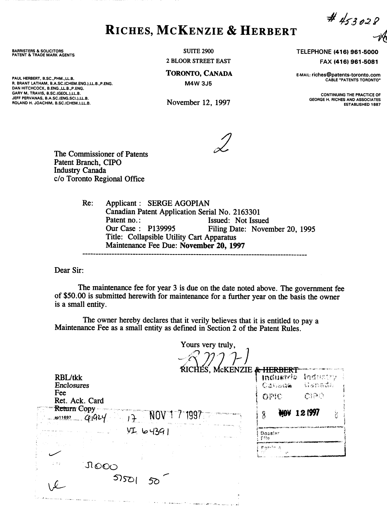 Document de brevet canadien 2163301. Taxes 19971112. Image 1 de 1