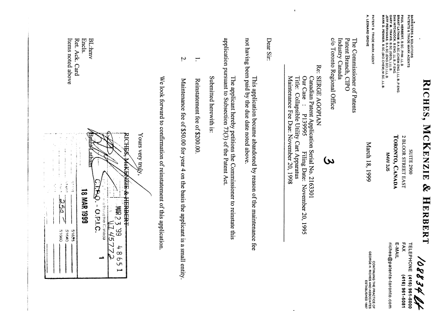 Document de brevet canadien 2163301. Taxes 19990318. Image 1 de 1